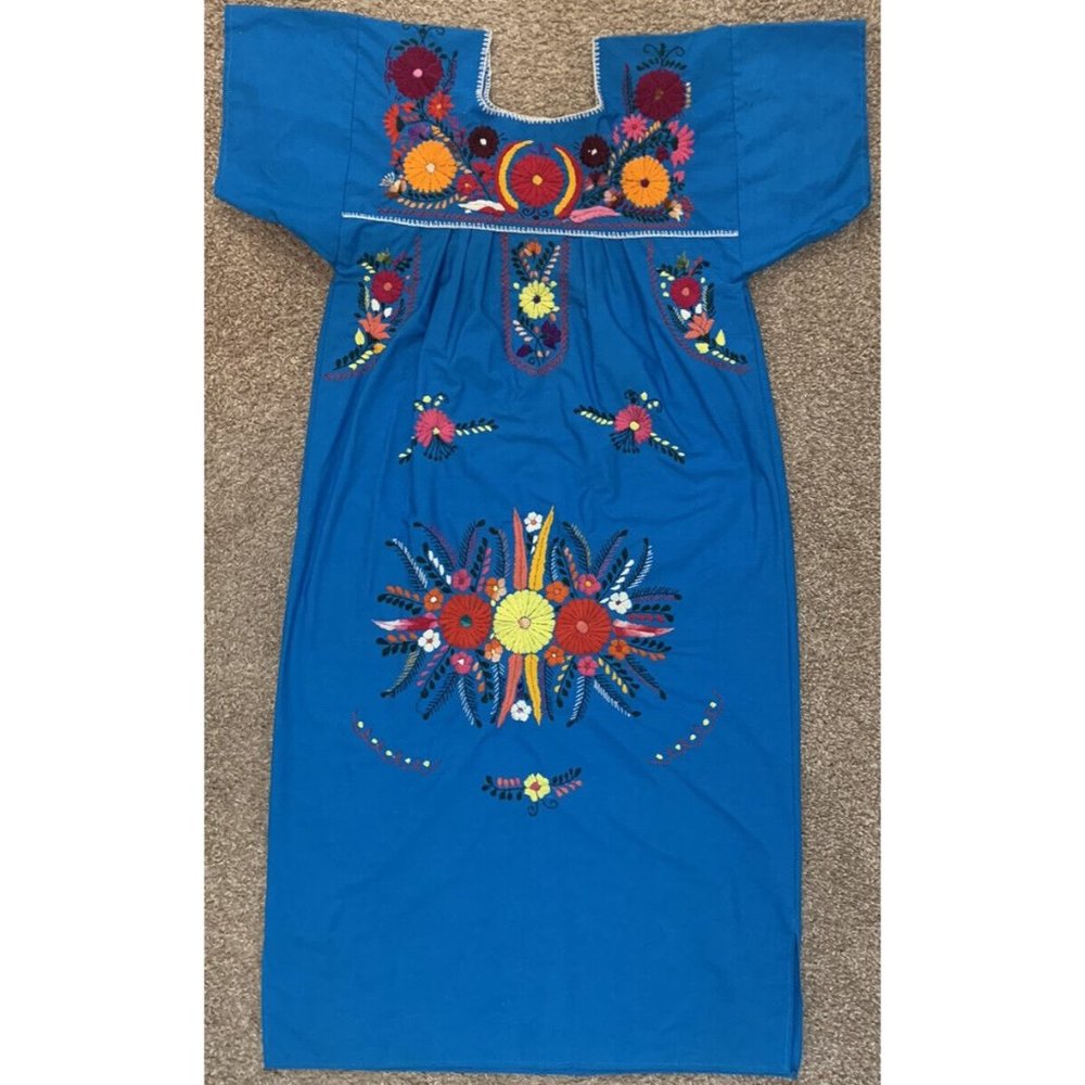 Vintage House Dress/Muumuu Embroidered Handmade Sundress Boho Blue Sunflowers